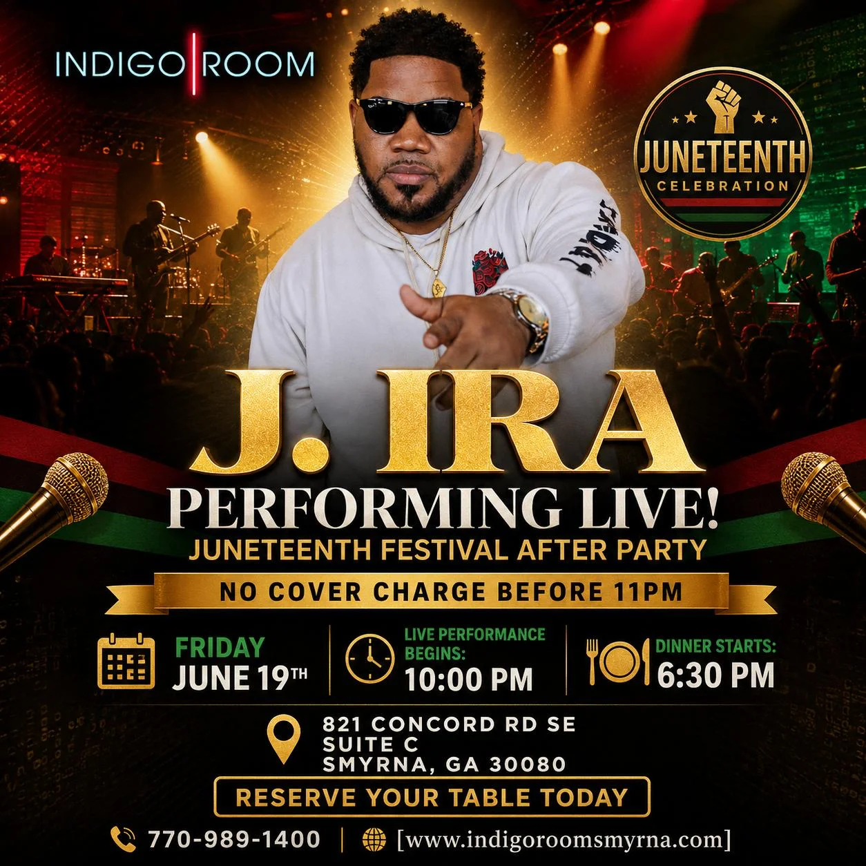 Smyrna's Juneteenth Festival After Party at Indigo Room, free before 11 PM.