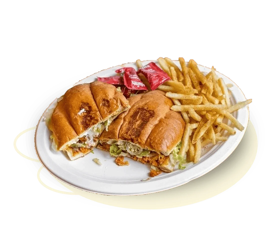 Crispy chicken sandwich with fries and dipping sauces