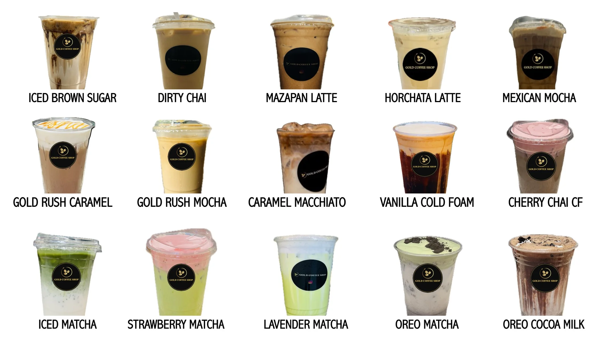 Variety of coffee drinks from Gold Coffee Shop displayed in cups.