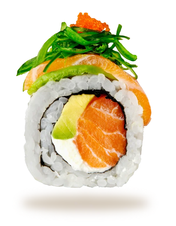 Japanese sushi roll topped with salmon and green onions