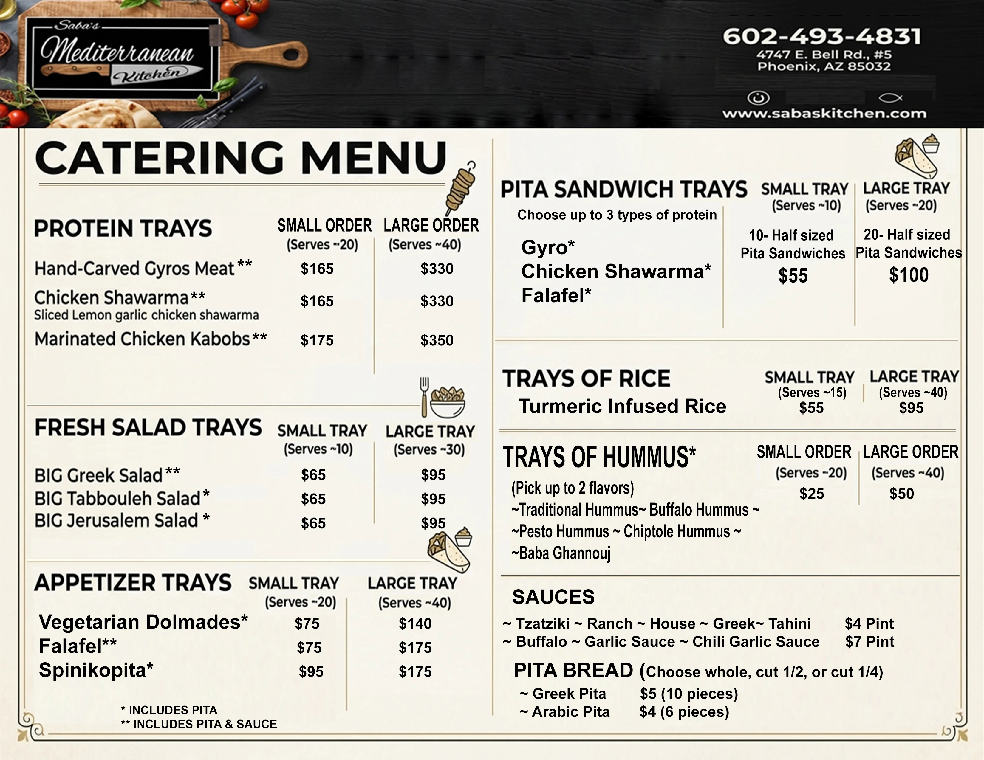 Catering menu for Mediterranean dishes including gyros and shawarma