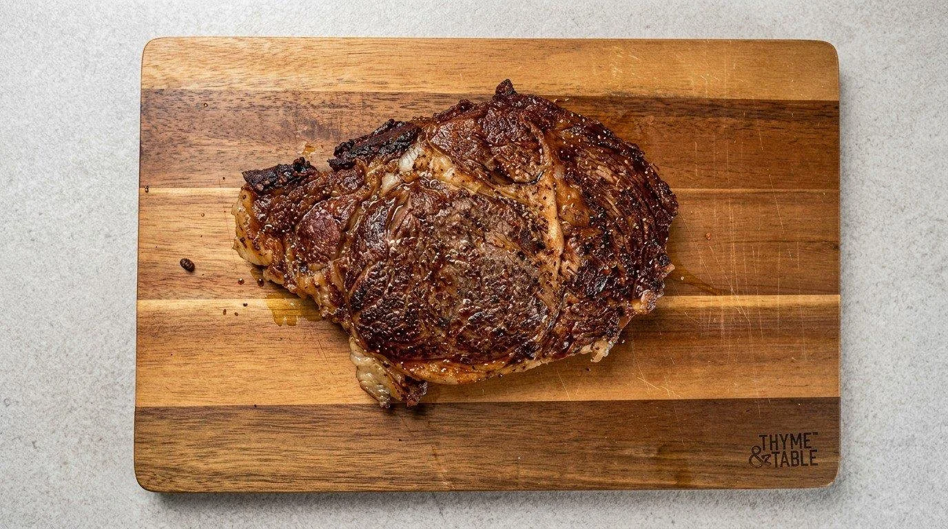Juicy ribeye steak on a wooden cutting board