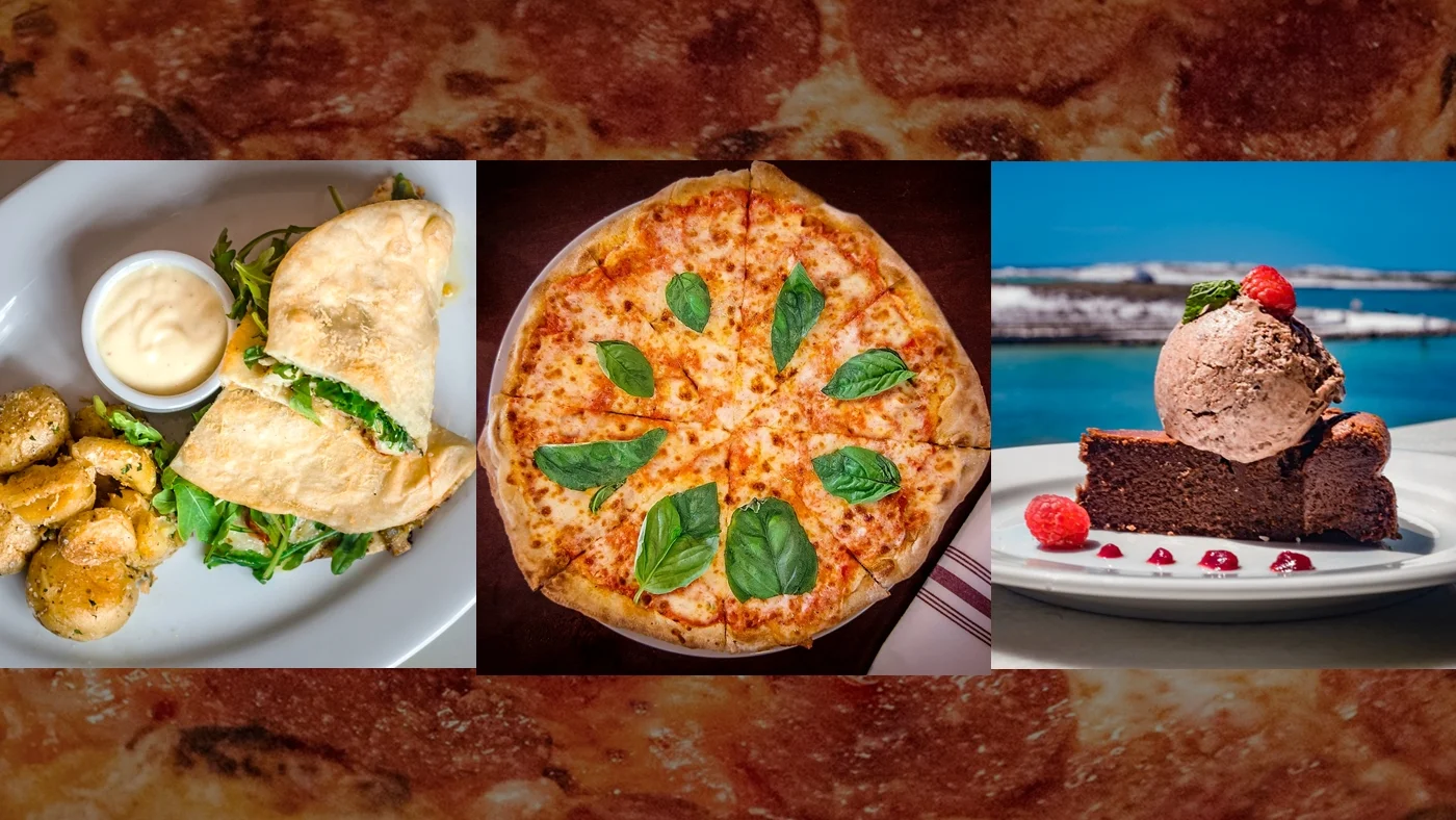 A delicious meal featuring a sandwich, pizza, and dessert with ice cream.