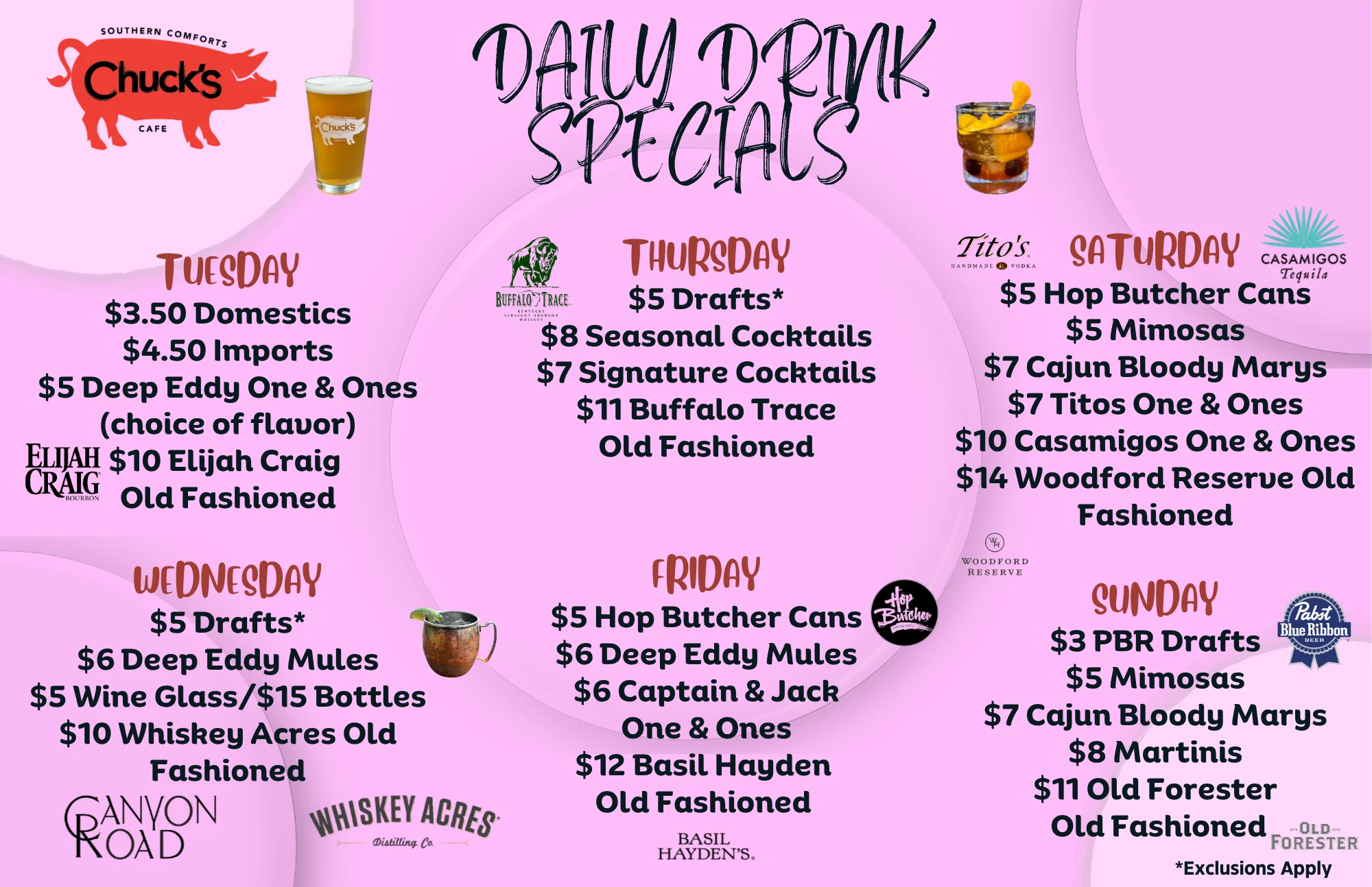 Daily drink specials menu at Chuck's Cafe featuring cocktails and beers.