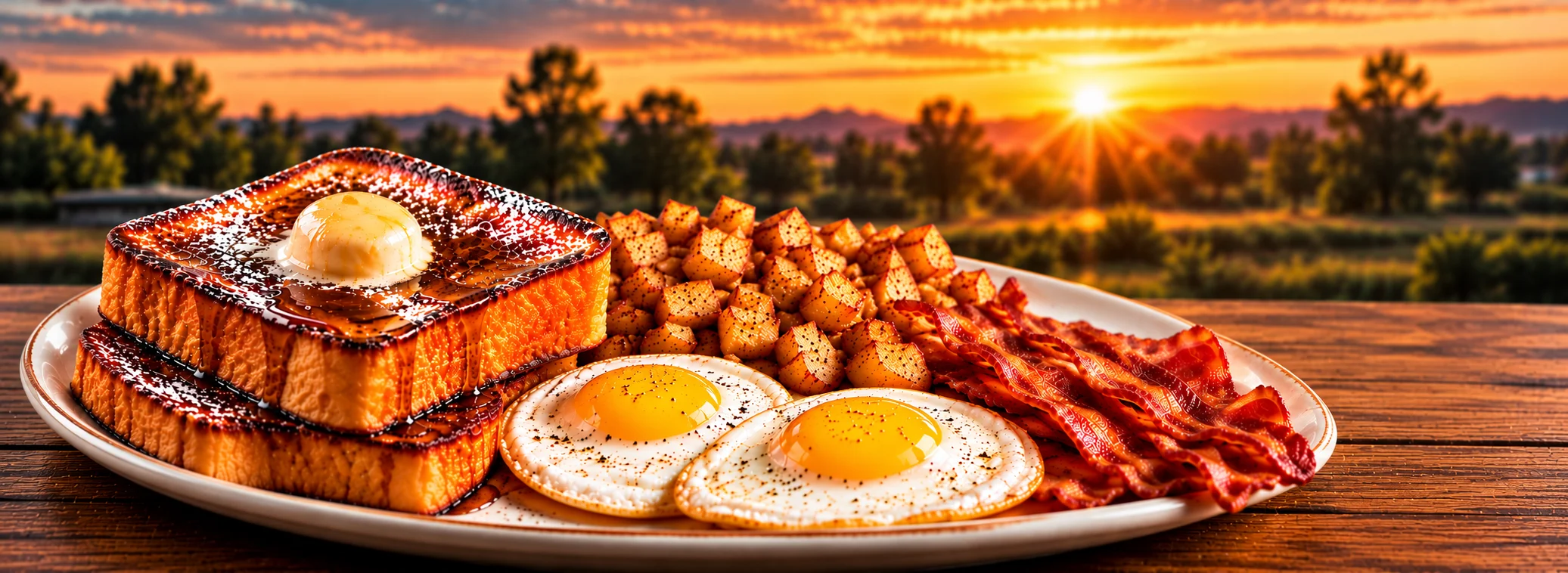 Classic American breakfast with French toast, fried eggs, bacon, and breakfast potatoes