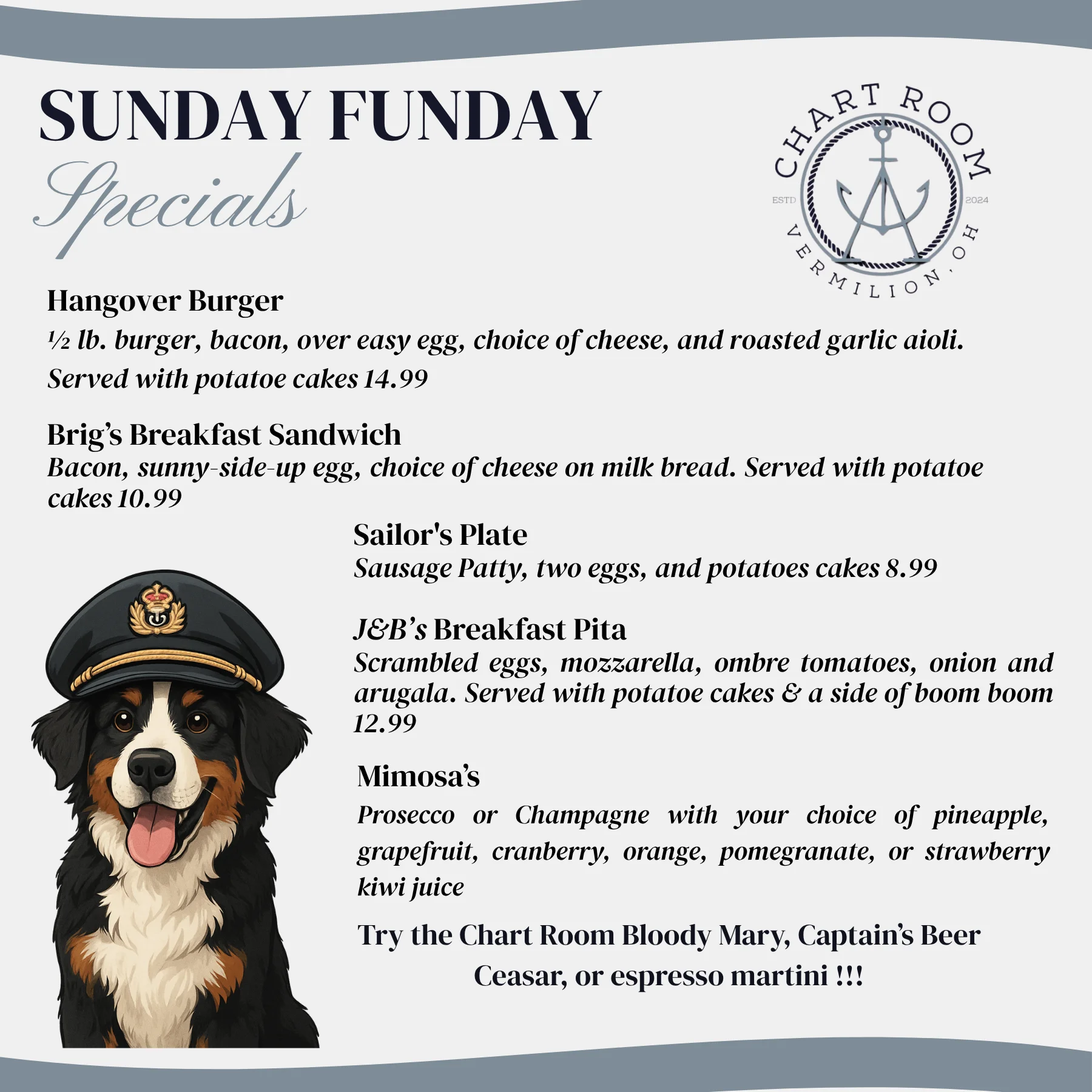 Sunday brunch specials menu featuring breakfast dishes and drinks