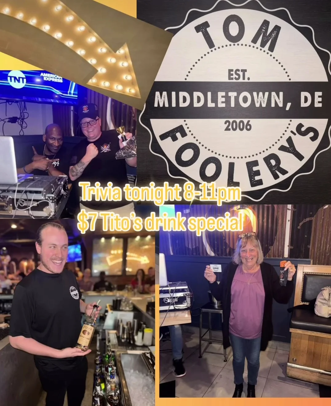 Trivia night at Tom Foolery's with drink specials and lively atmosphere