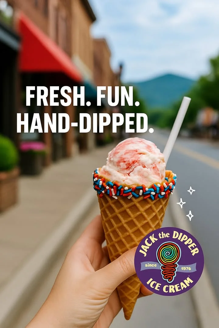Hand-dipped ice cream cone with colorful sprinkles