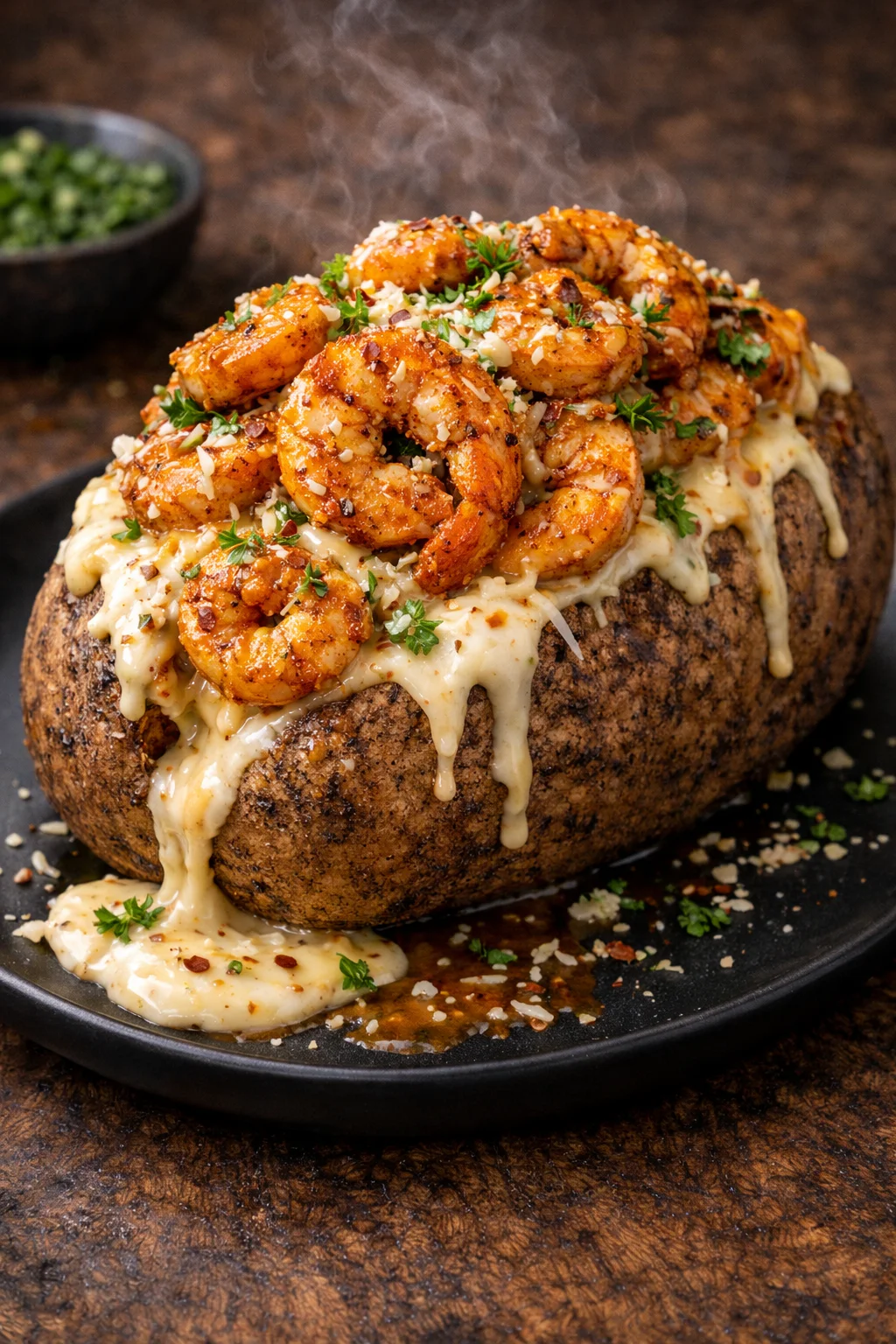 A loaded baked potato topped with spiced shrimp, melted cheese, and herbs, served on a black plate.