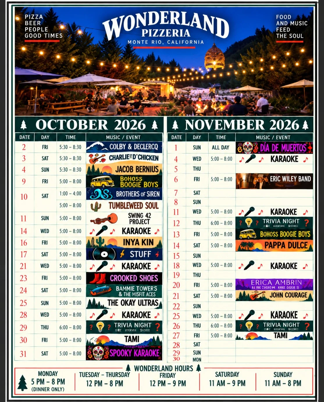 Wonderland Pizzeria October and November 2026 live music calendar poster