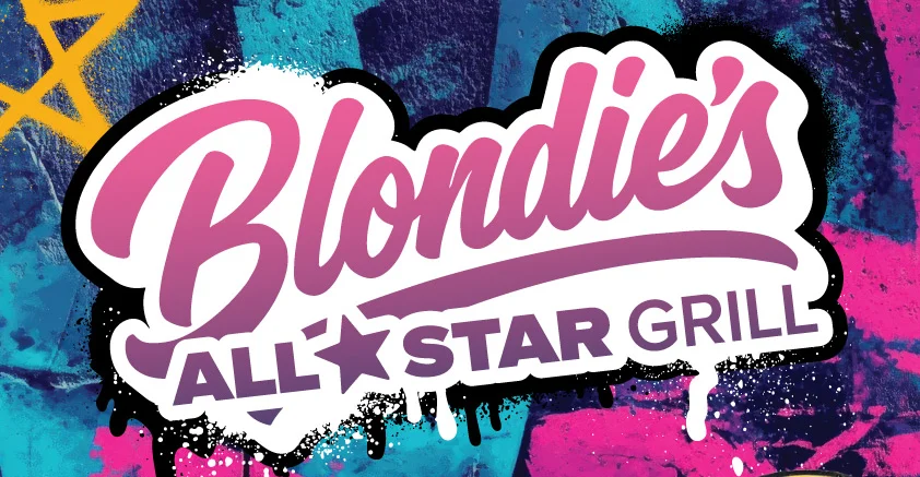 A colorful logo featuring the name 'Blondie's All Star Grill' with a vibrant graffiti-style background.