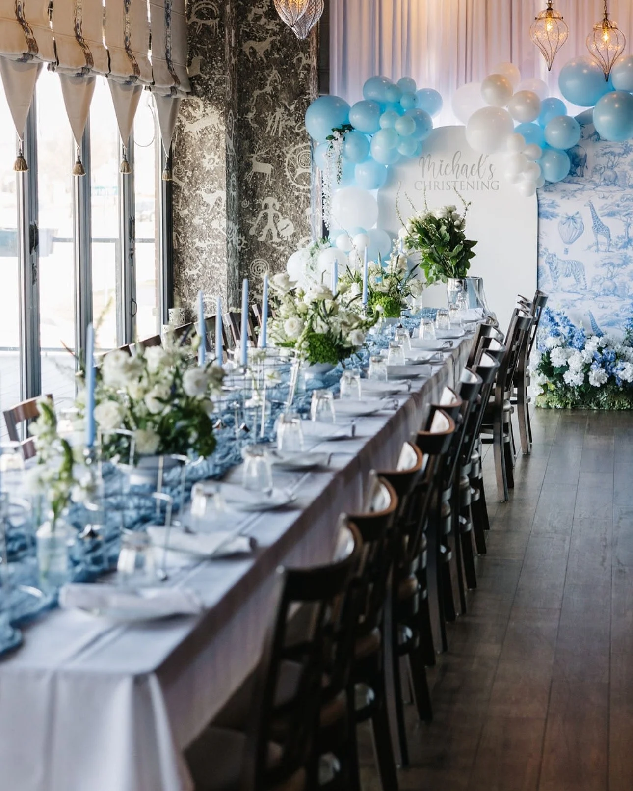 Elegant dining setup for a christening celebration