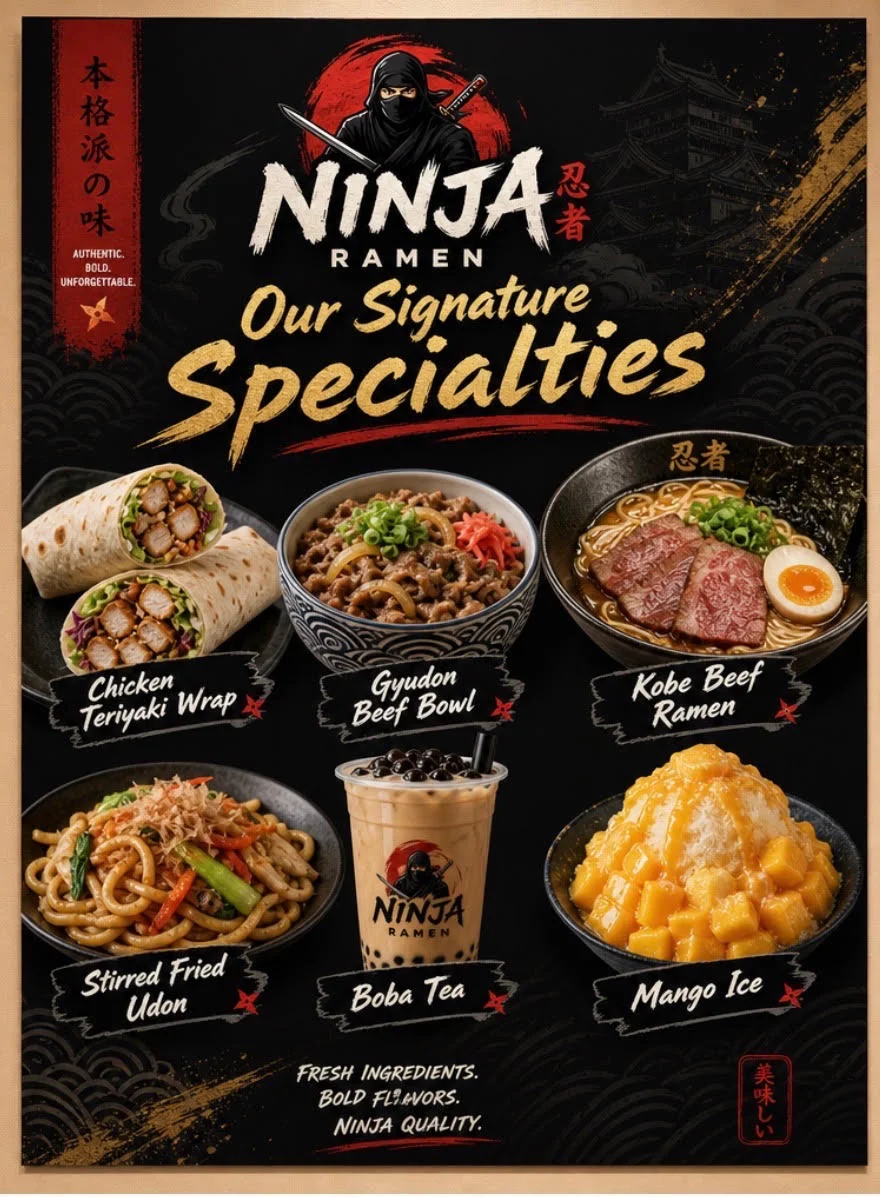A menu highlighting signature dishes including chicken teriyaki wraps, gyudon beef bowl, boba tea, and mango ice dessert.