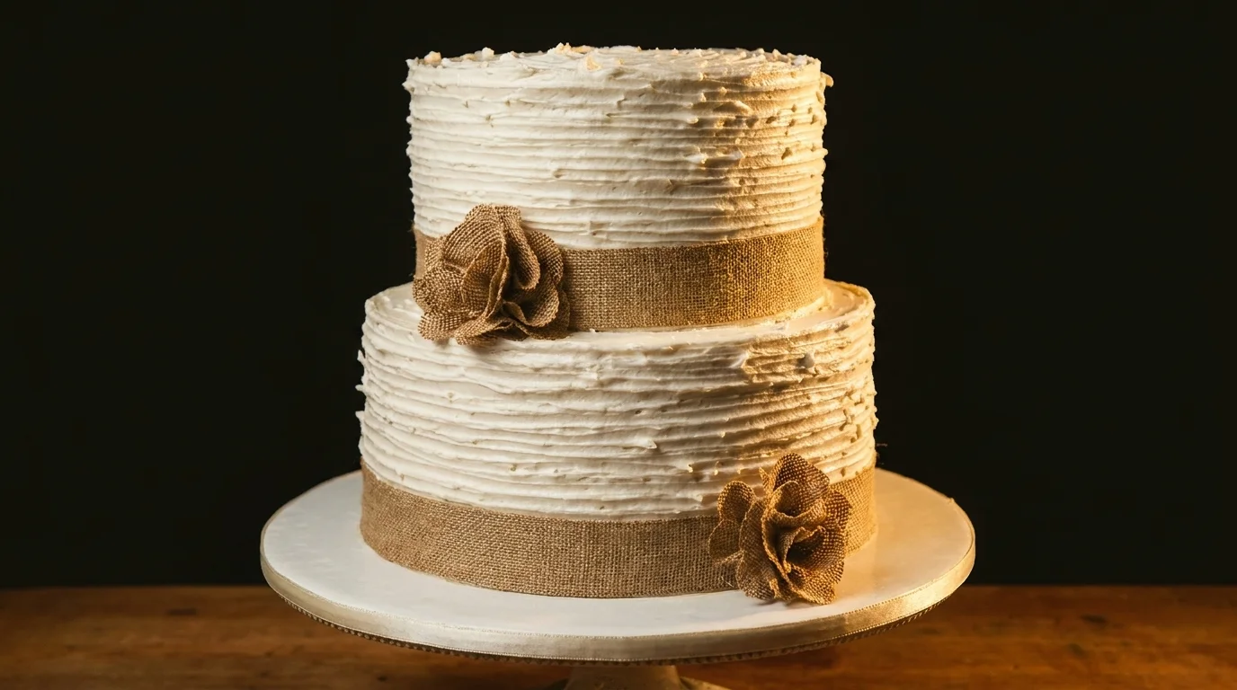 Elegant two-tier rustic wedding cake with burlap ribbon flowers