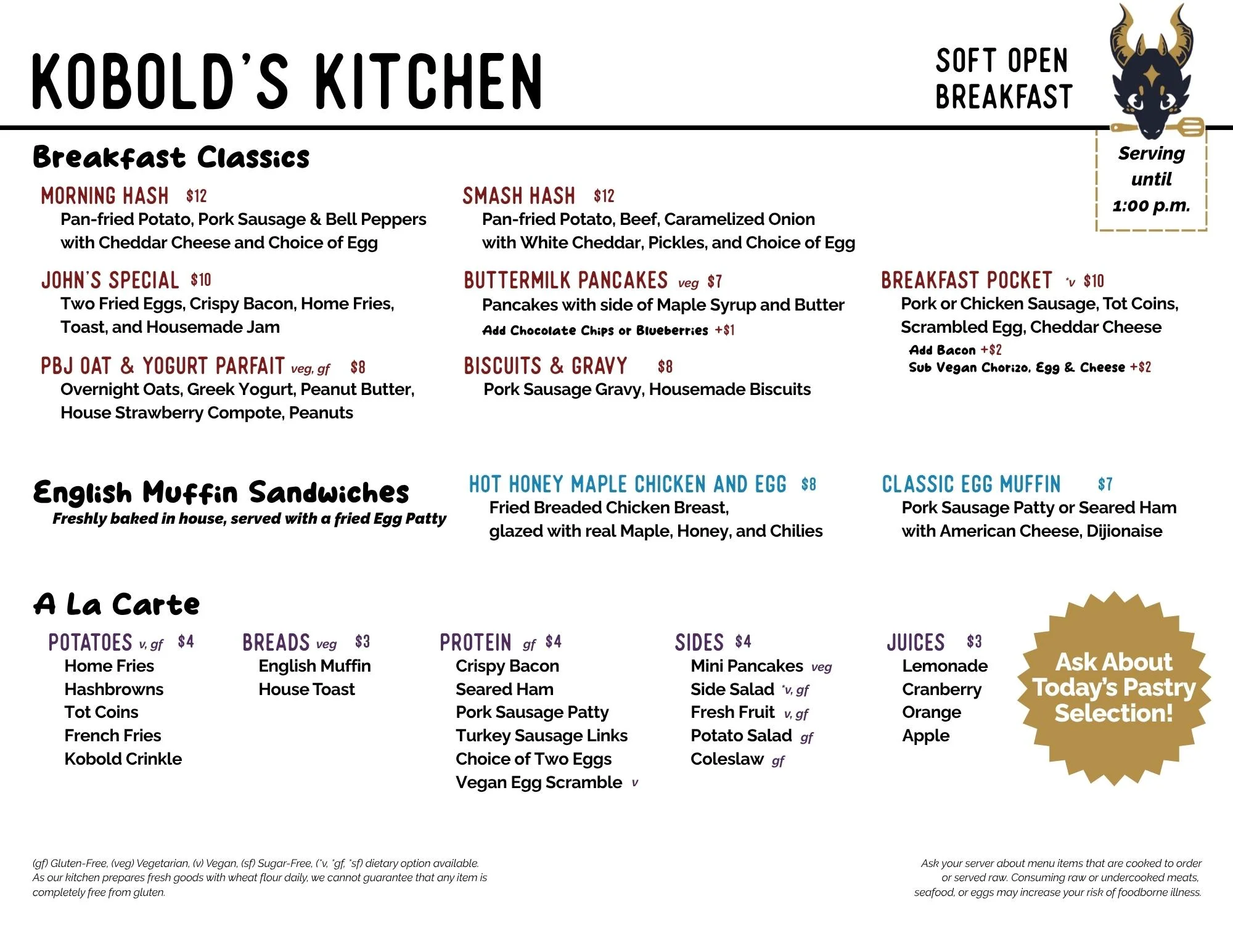 Breakfast menu featuring classic American dishes
