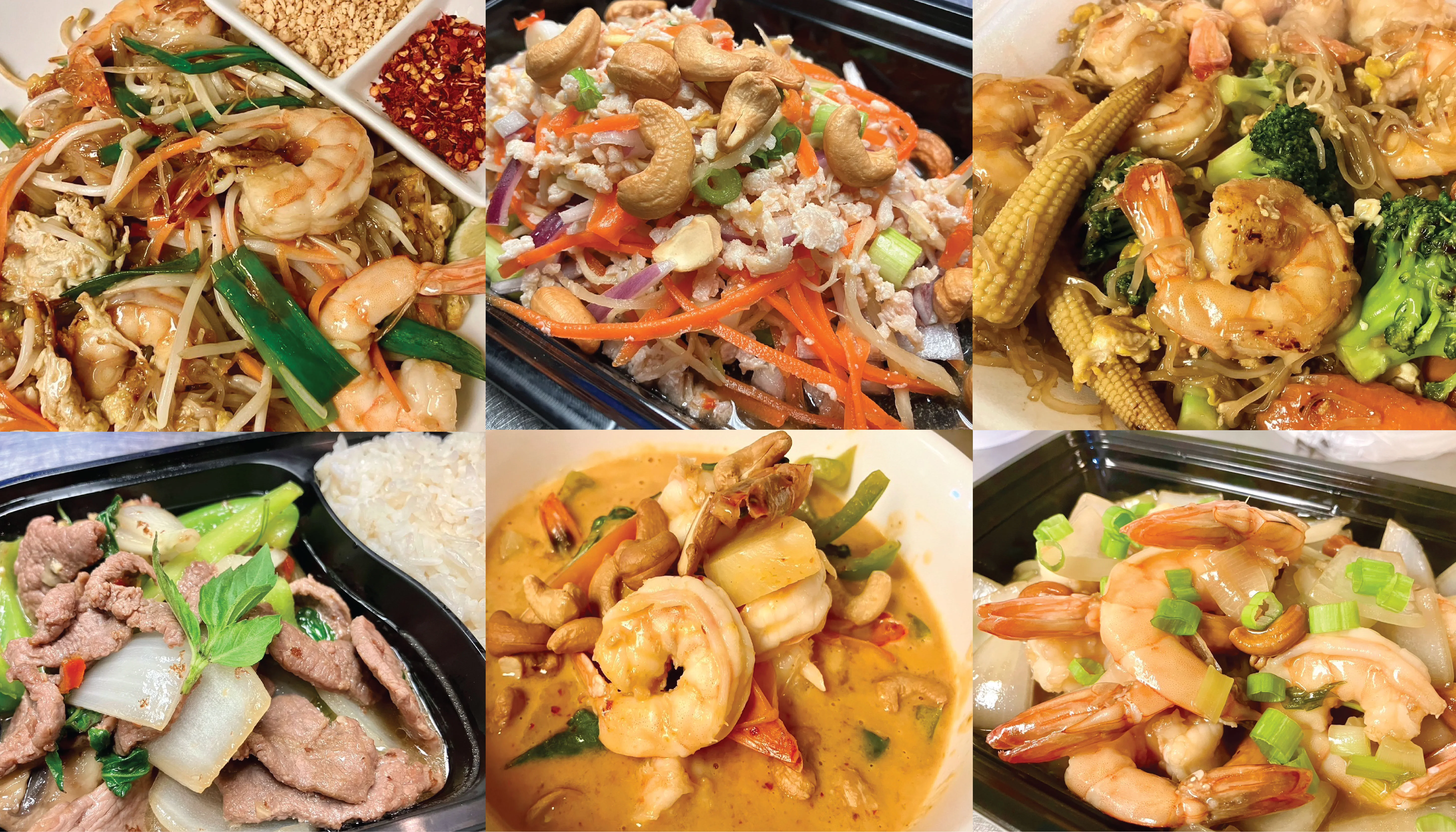 Assorted Thai dishes featuring shrimp and vegetables