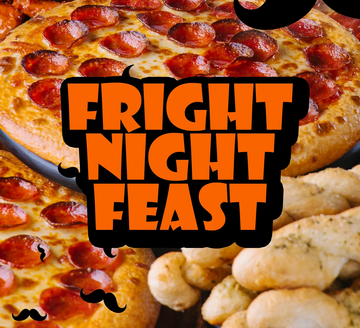 Promotional graphic featuring pepperoni pizza, chicken wings, and breadsticks