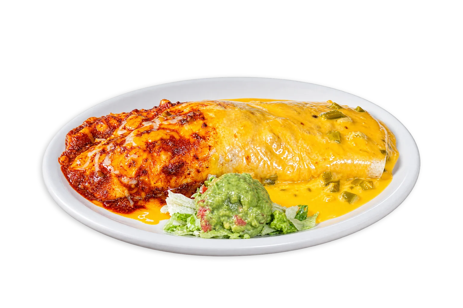Delicious enchilada plate with cheese and guacamole