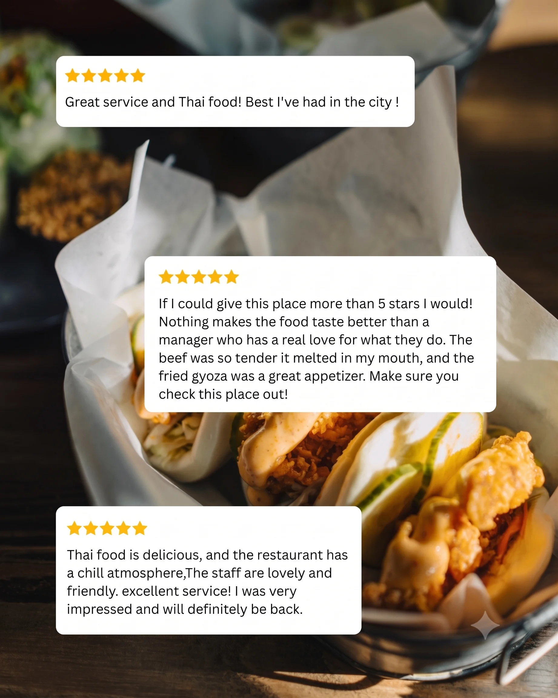Delicious Thai gyoza and rice dish in a cozy restaurant setting