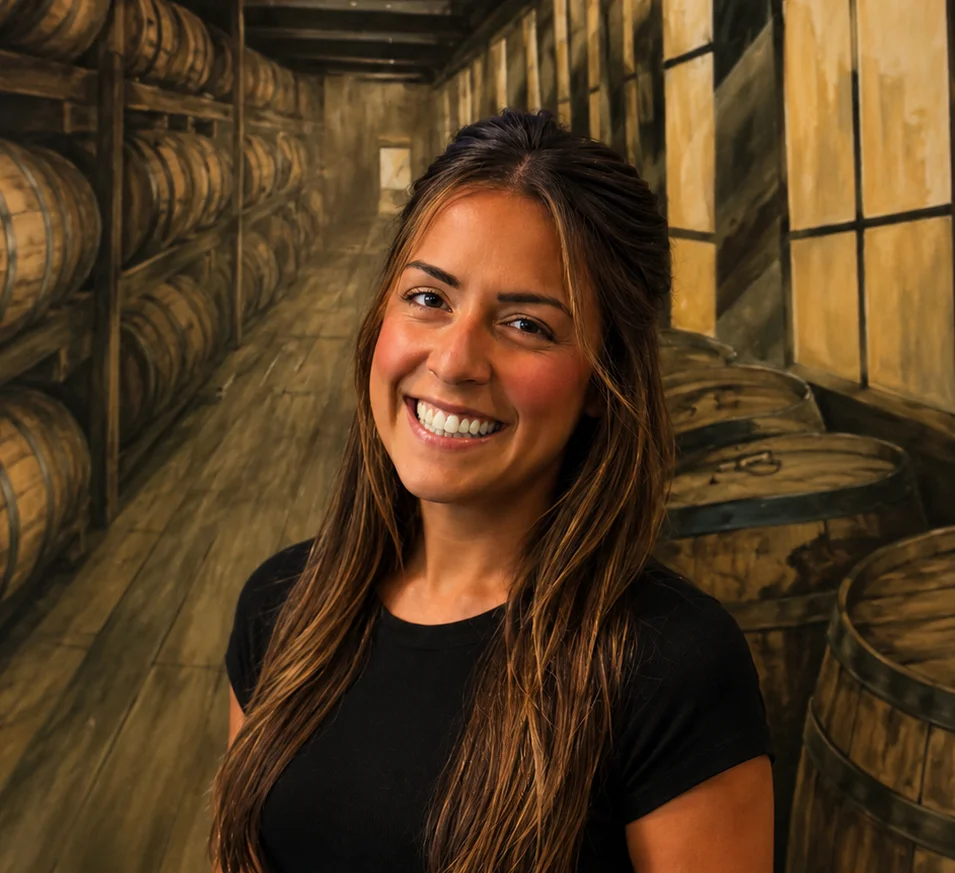 Professional woman smiling in a modern restaurant setting