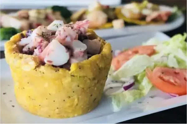 Ceviche served in a plantain cup, a popular Latin American dish