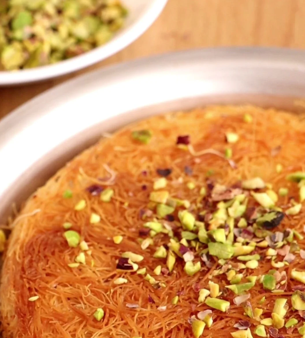 Delicious kunefe topped with crushed pistachios