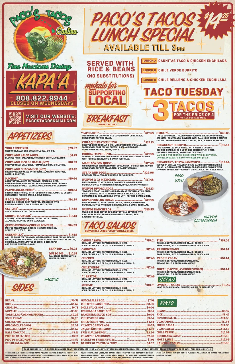 Colorful Mexican menu featuring tacos and enchiladas