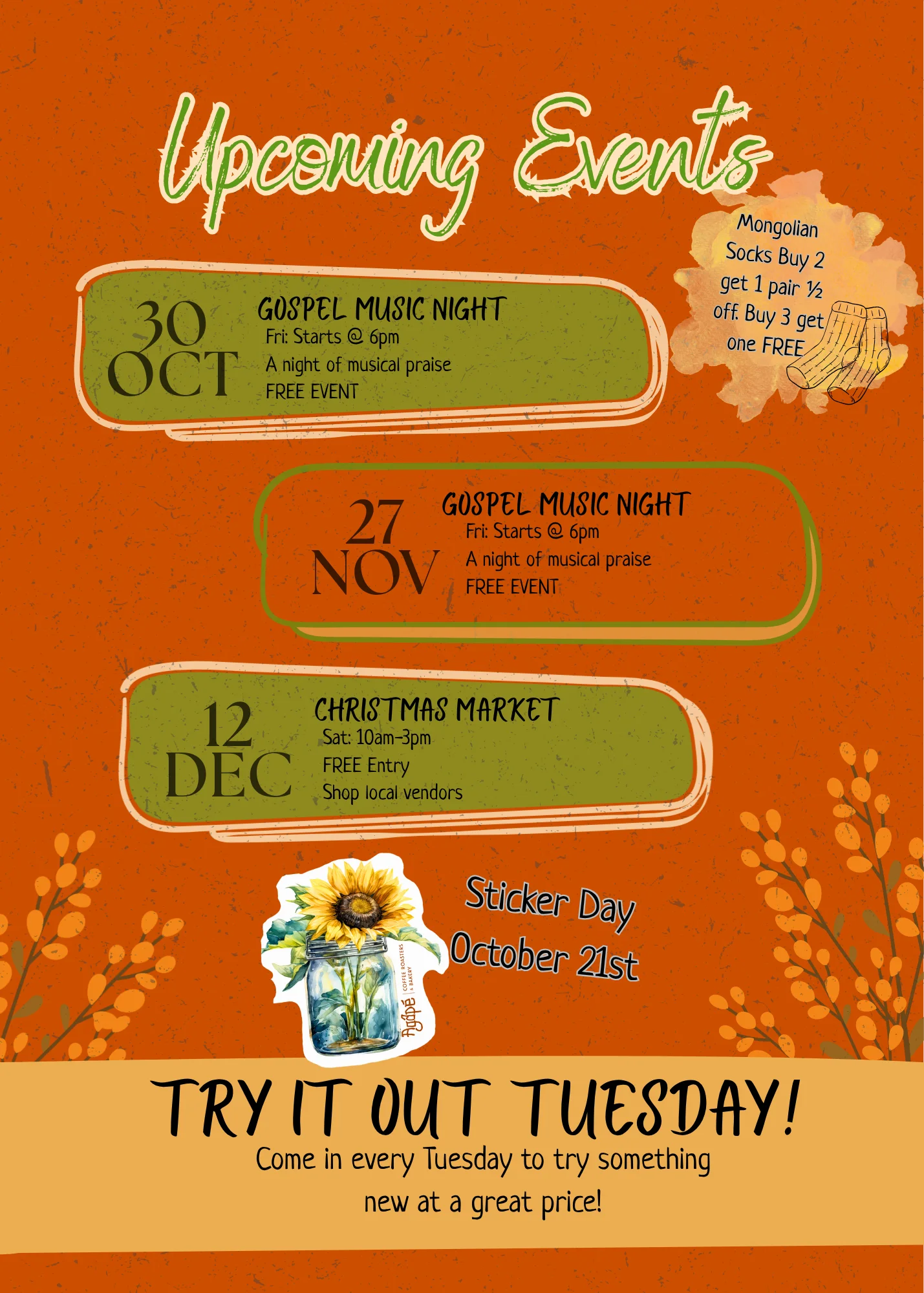 Upcoming events flyer for toddler story time and gospel music night