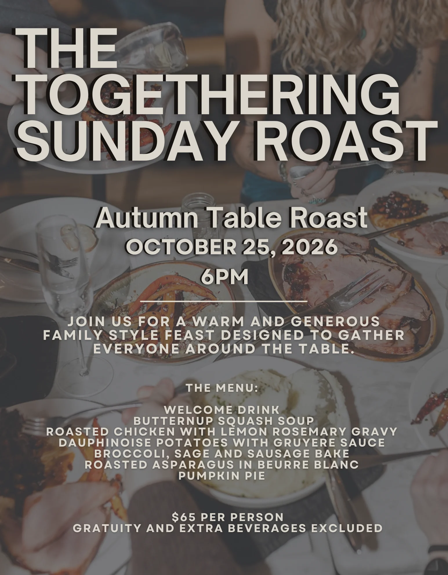 Family-style Sunday roast dinner gathering
