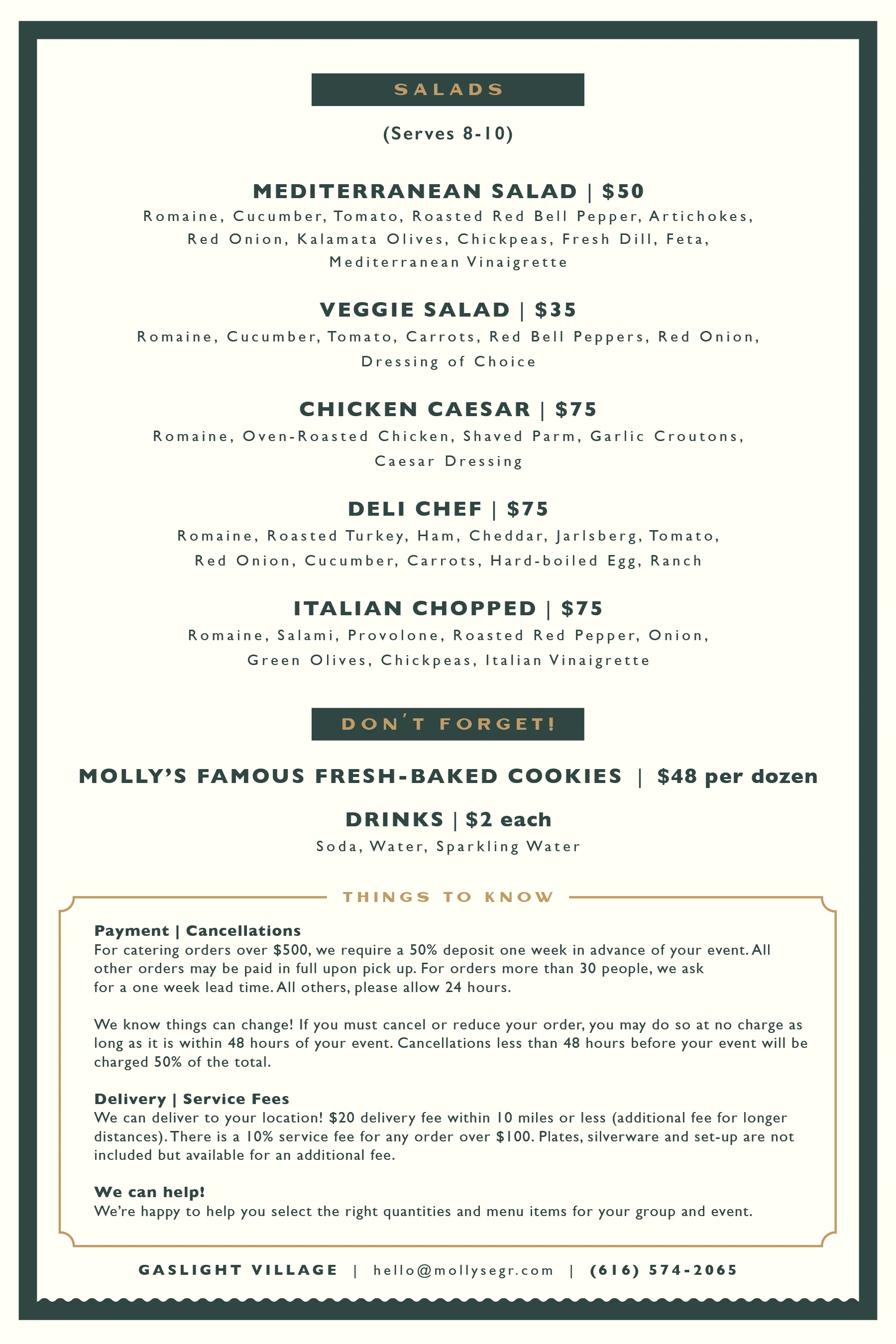 Catering menu flyer featuring salads, cookies, drinks, and ordering information