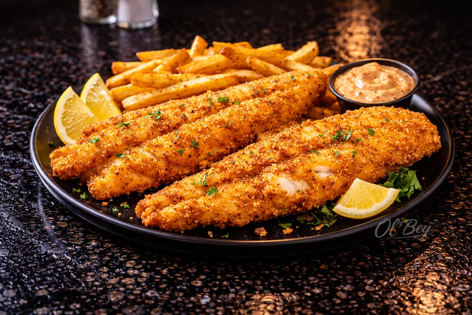 A plate featuring two seasoned fish fillets with lemon slices and a side of French fries, accompanied by dipping sauces.