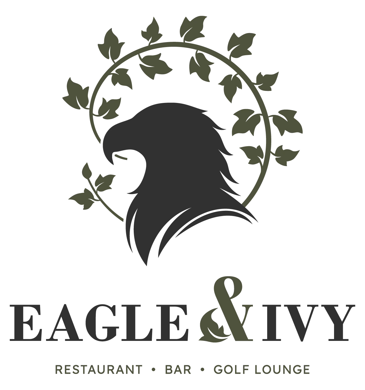 A logo featuring a silhouette of an eagle surrounded by ivy leaves. The design includes the text 'EAGLE & IVY' with 'RESTAURANT', 'BAR', and 'GOLF LOUNGE' below.