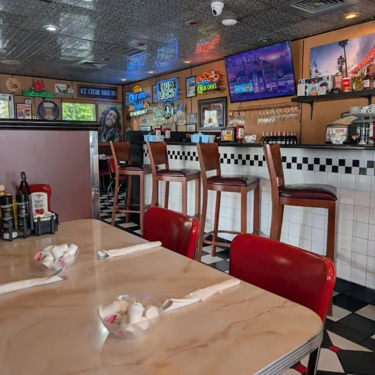 Cozy dining area at Moonlite Diner featuring retro booths, bar seating, checkerboard accents, and a welcoming classic American diner atmosphere.