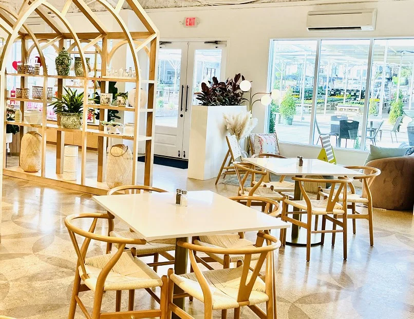 Modern restaurant interior with wooden decor and natural light