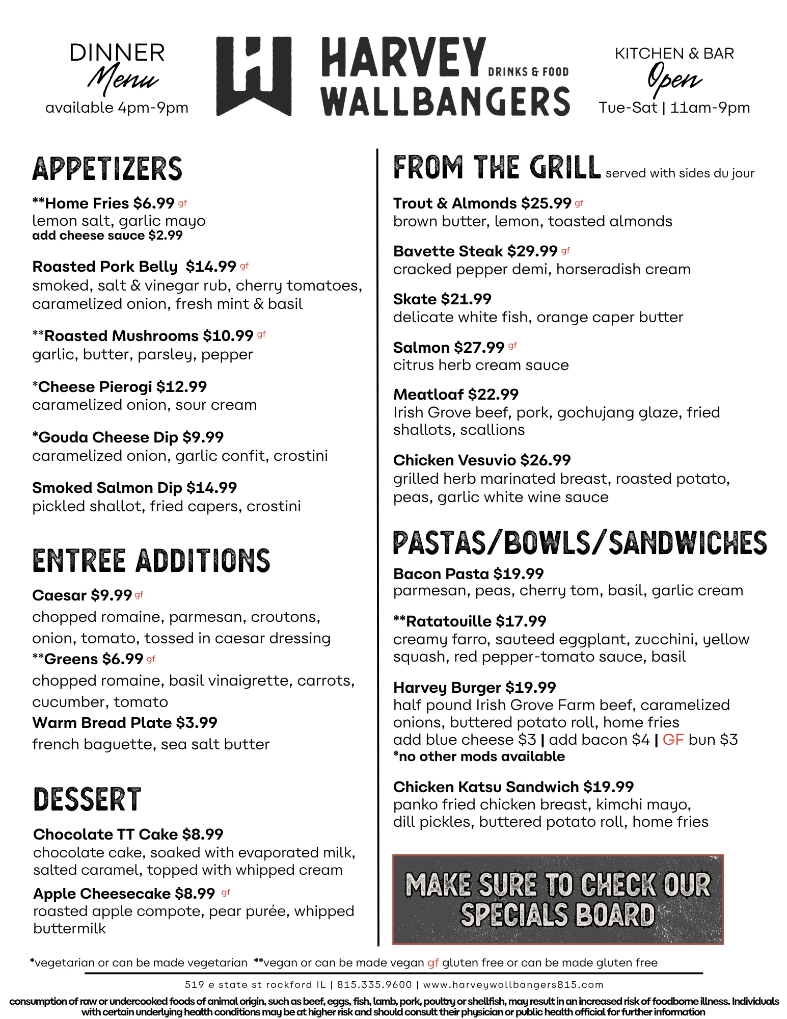 Restaurant dinner menu featuring grilled entrées, pasta, sandwiches, and desserts