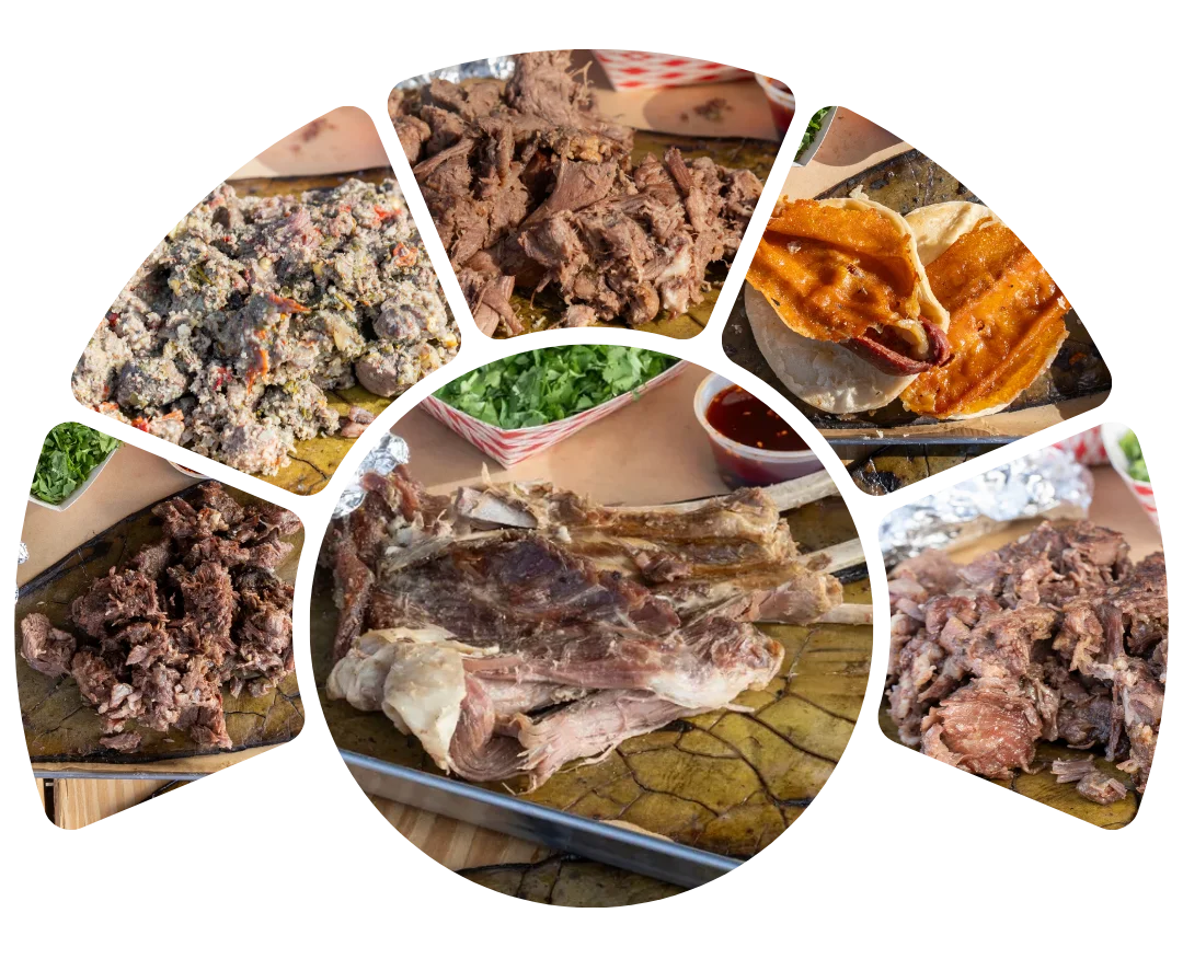 Assorted Mexican meats including tacos and barbacoa on a wooden table