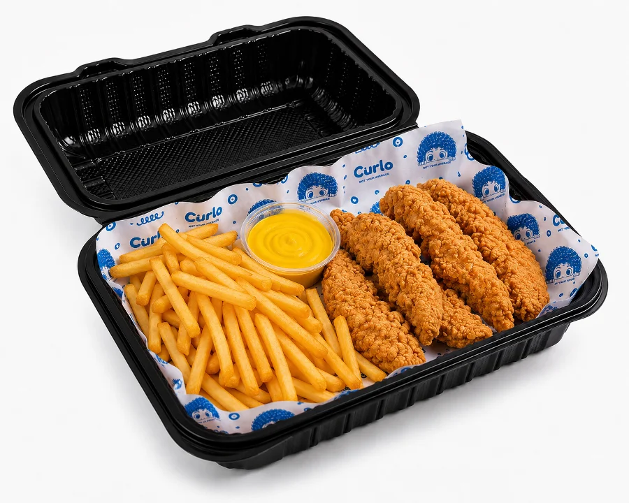 A takeout container filled with crispy fried chicken strips, French fries, and a cup of yellow dipping sauce.