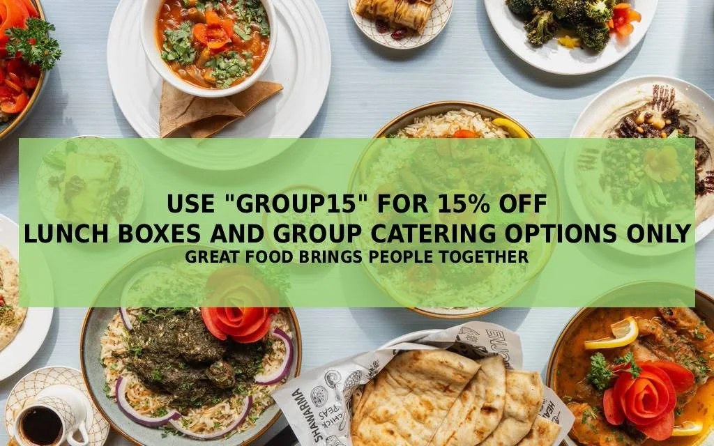 Middle Eastern food spread with group dining promotion