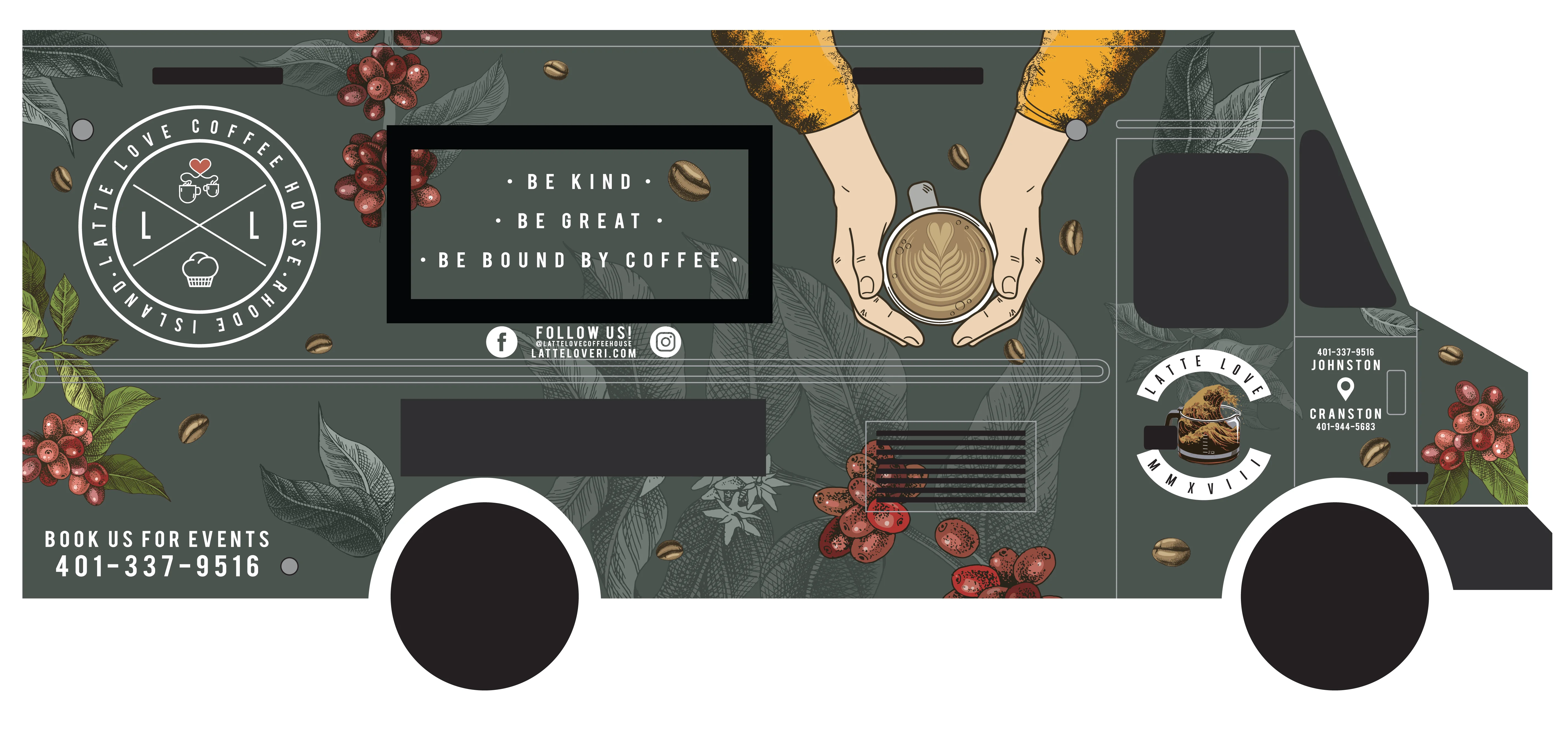 Coffee truck with artistic design and inviting message