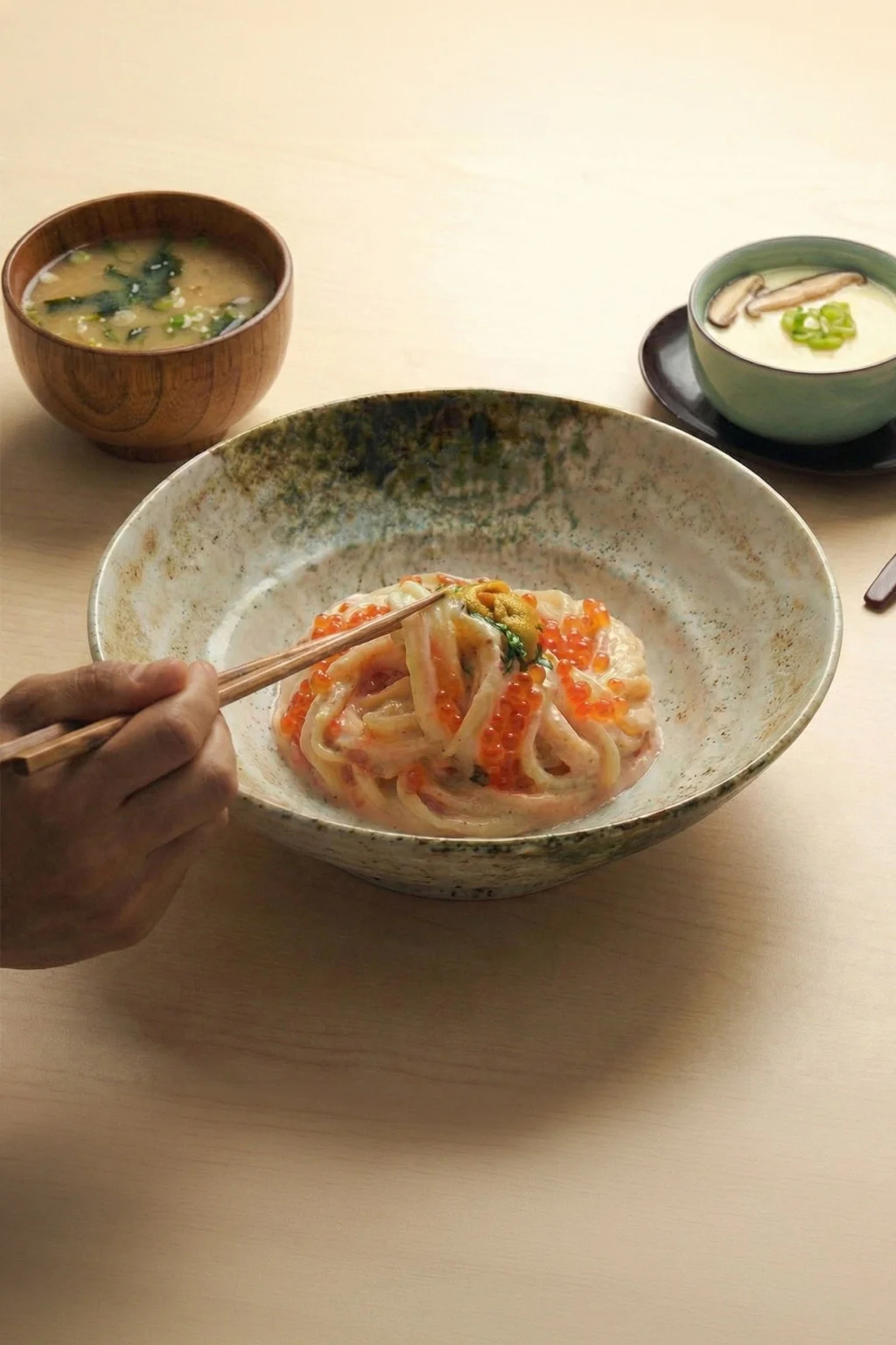A hand uses wooden chopsticks to lift thick udon noodles from a speckled ceramic bowl. The noodles are topped with bright orange fish roe and herbs, served in a minimalist setting with small side bowls of broth and custard.