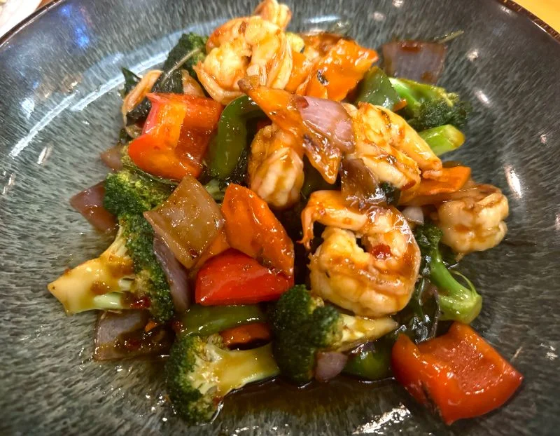 Shrimp stir-fry with vegetables in a savory sauce
