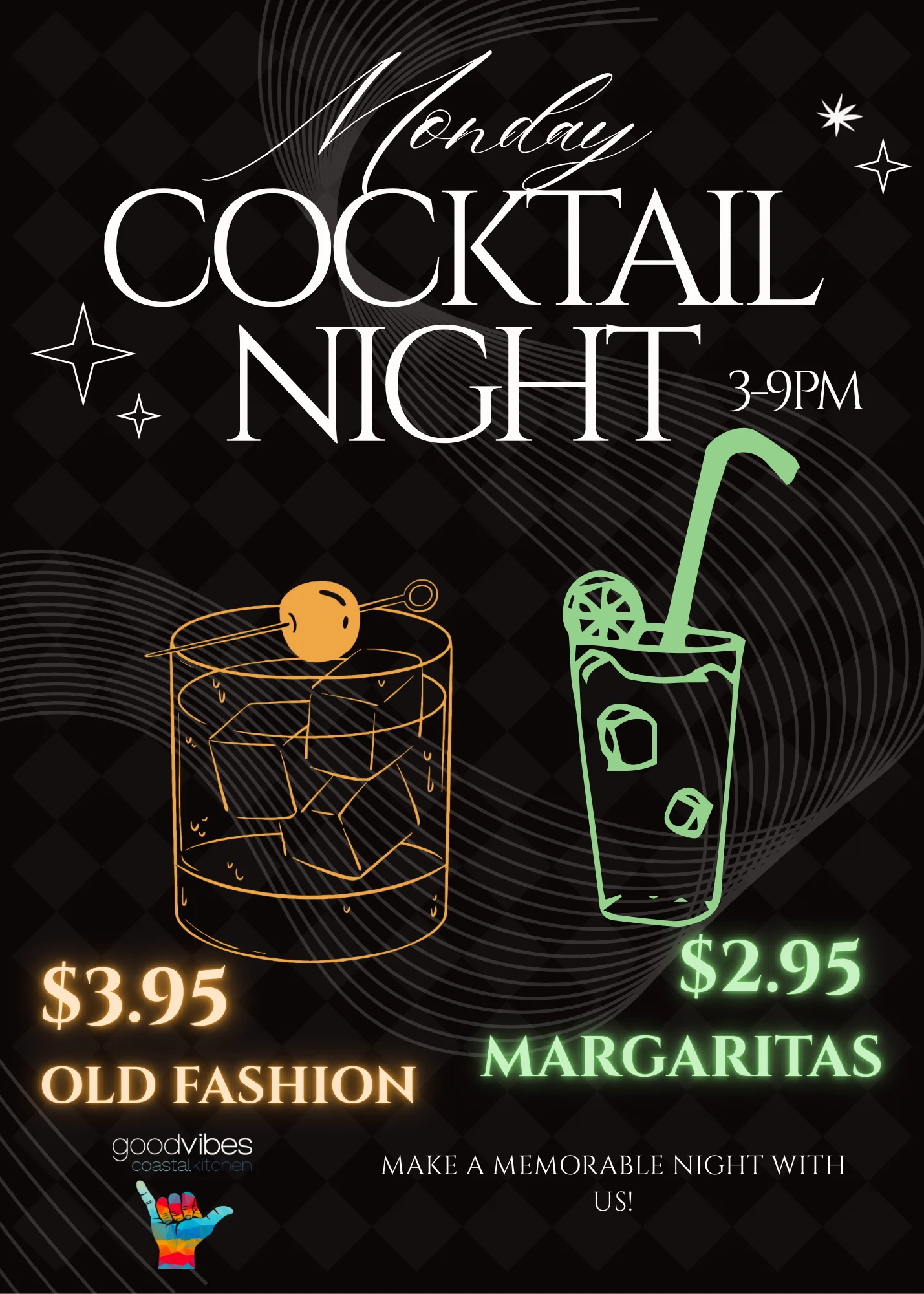 Cocktail night promotion featuring Old Fashion and Margaritas