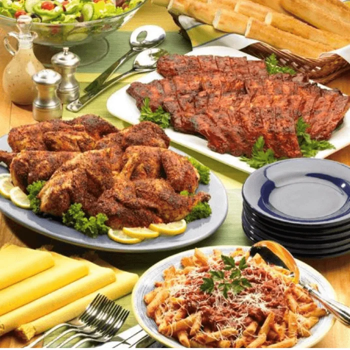 Platter of Southern-style roasted chicken and barbecue ribs