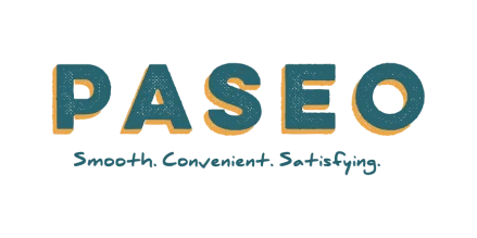 PASEO restaurant logo with tagline: Smooth, Convenient, Satisfying