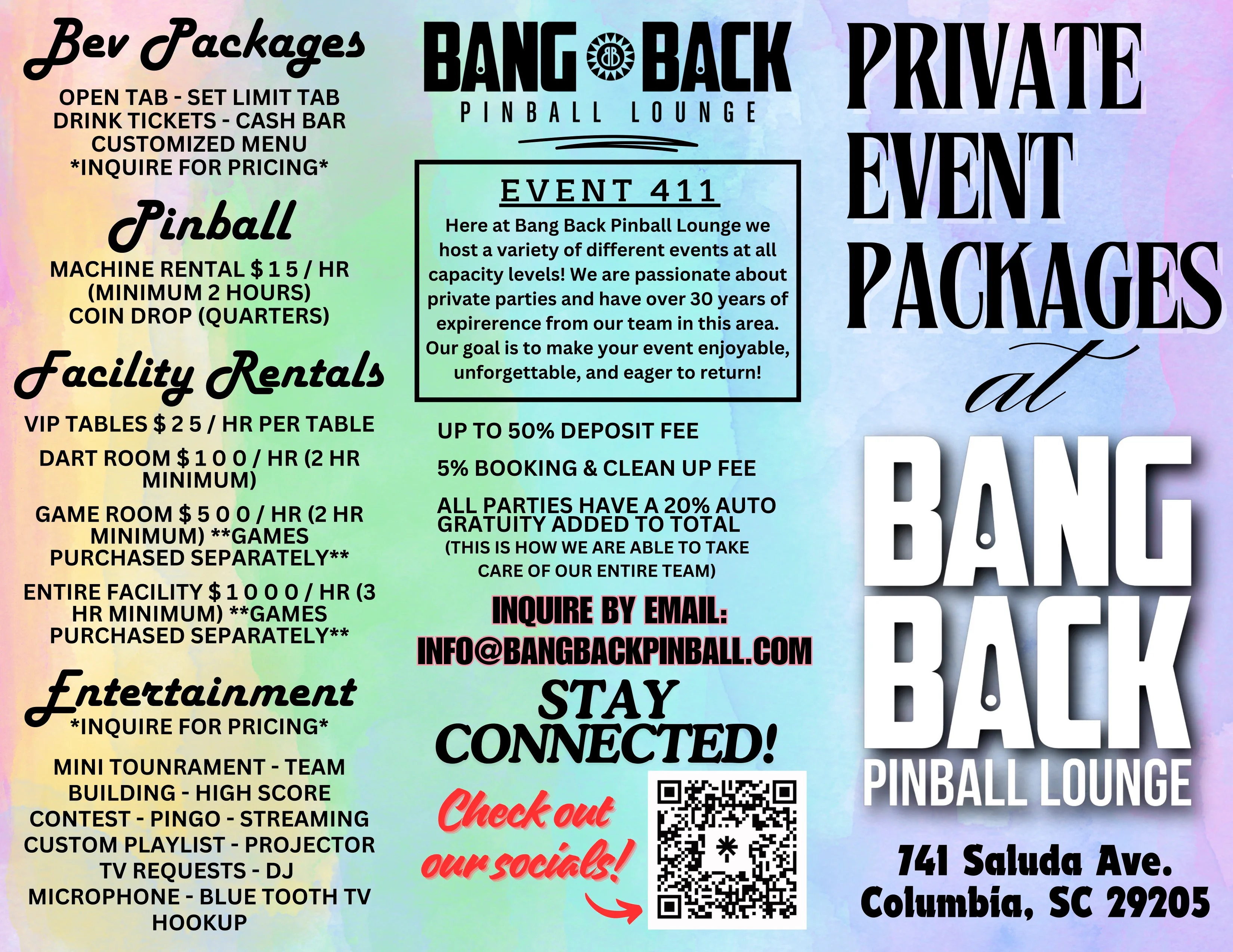 Event packages flyer for Bang Back Pinball Lounge in Columbia, SC