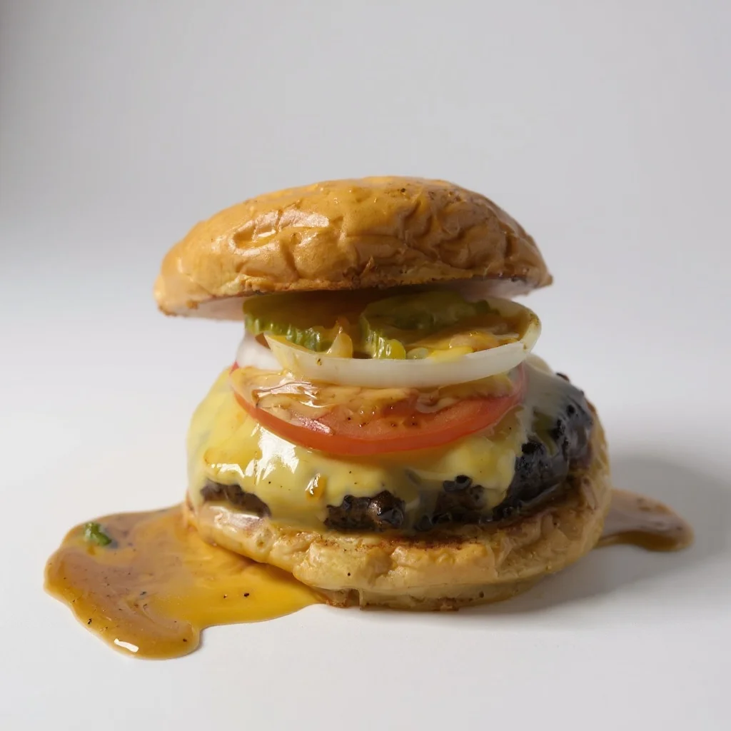 Juicy cheeseburger with toppings and sauce