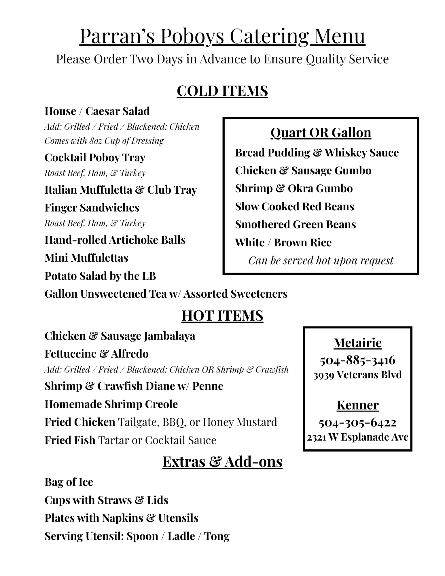 Catering menu featuring Southern dishes and sides