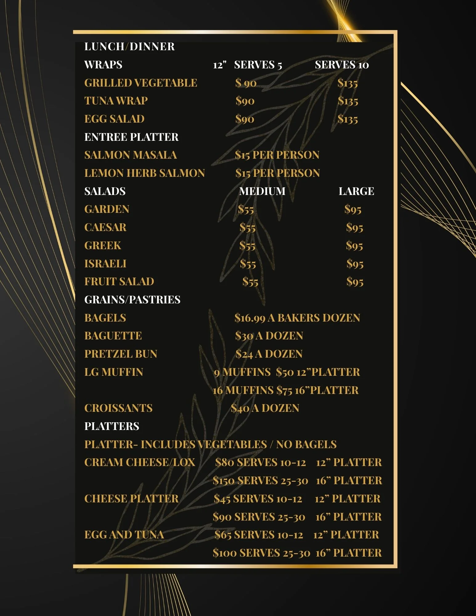 Catering menu featuring wraps, salads, and pastries for lunch and dinner