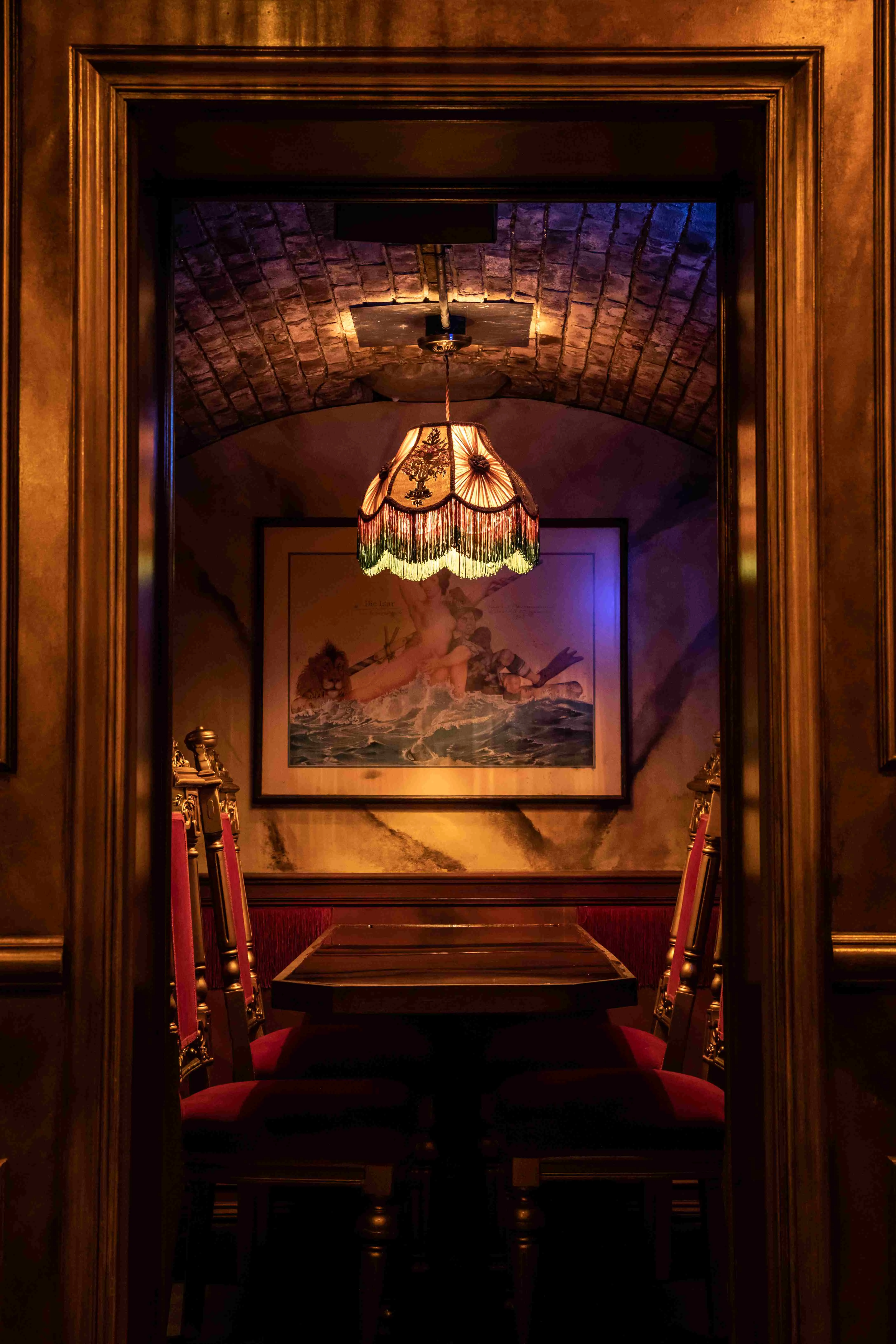 Cozy restaurant interior with vintage decor and warm lighting