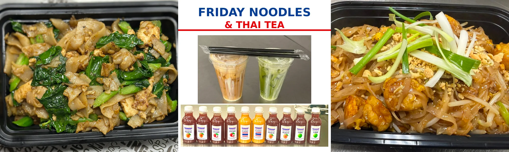 Delicious pad see ew with chicken and Thai tea drinks